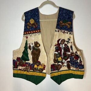 Vintage 1990s Xmas Folk Art Santa Teddy Bear Cotton Vest One Size